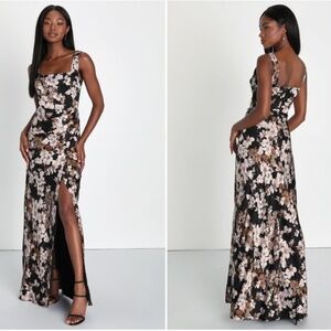 LULU's Floral Sexy Romantic Flowy Floral Wedding Formal Event Satin Maxi Dress